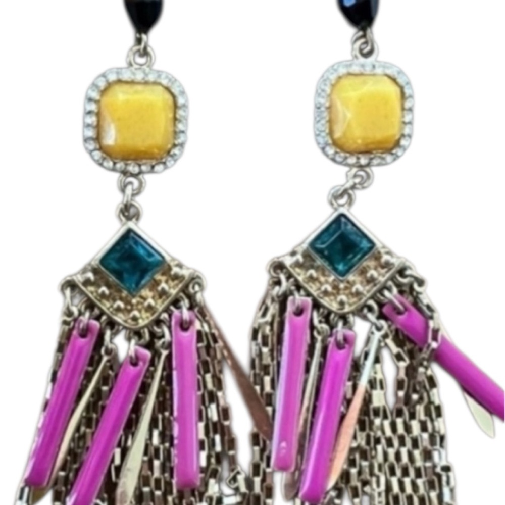 Chic Yellow and Purple Green Dangle Earrings Colorful Festive NEW NWT